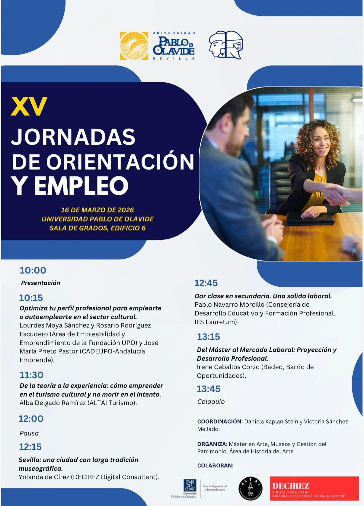 Cartel de las XV Jornadas de Orientación y Empleo de la Universidad Pablo de Olavide con el programa de ponencias